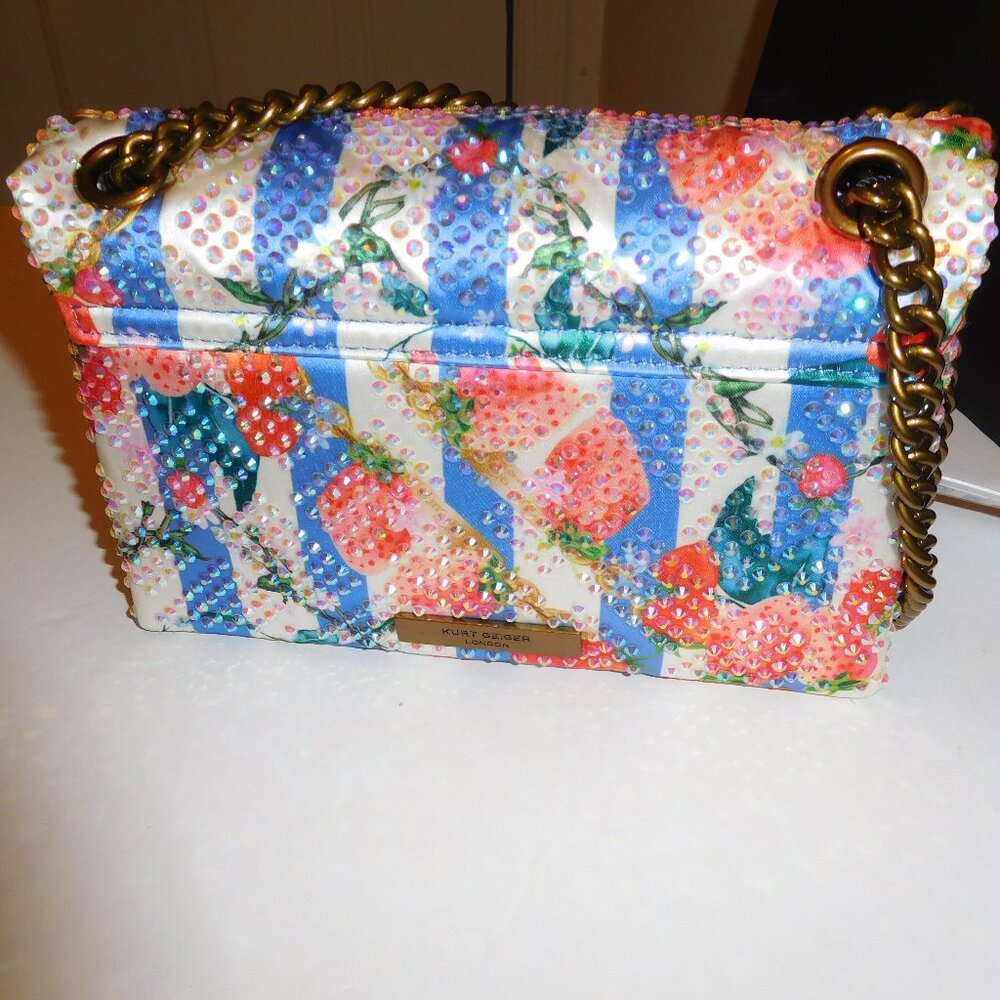 Kurt Geiger Mini Kensington Blue/Pink Fabric W/Crystal Embellished Crossbody NWT - Picture 3 of 9